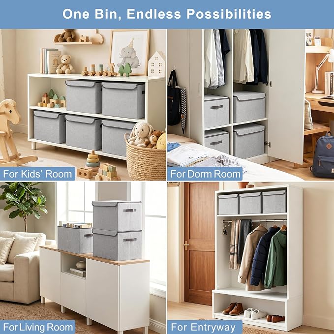 Bagnizer Linen Fabric Foldable Storage Cube Bin Organizer Basket with Flip-Top Lid & Handles, Large Clothes Blanket Box for Home, Office, Closet, Light Gray, 4 Pack 14.6 x 9.5 x 9.5”