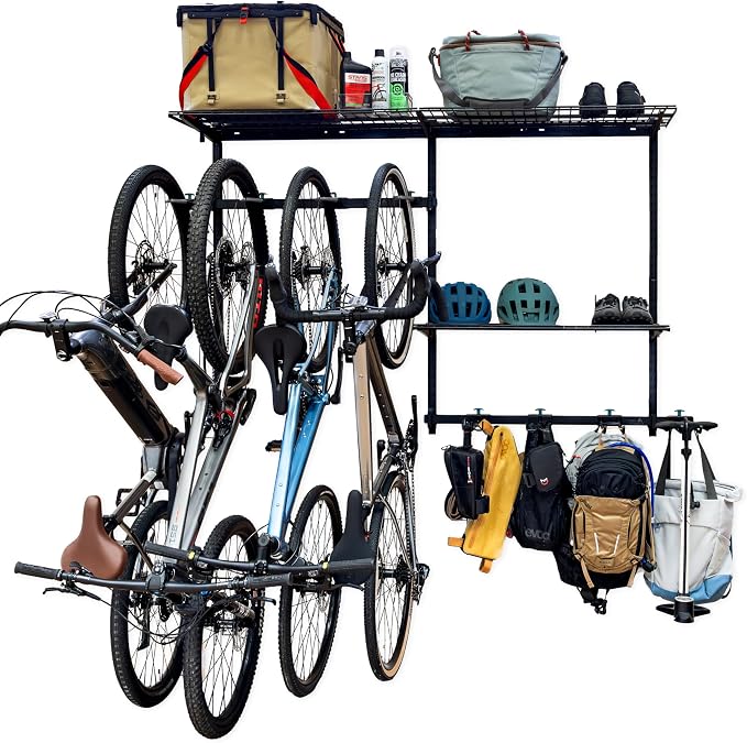 StoreYourBoard G-Bike Pro Garage Storage System, Adjustable 5 Bike Rack With Shelves, Vertical Wall Organizer, Bicycle Hanging Hooks, Holds 500 Lbs