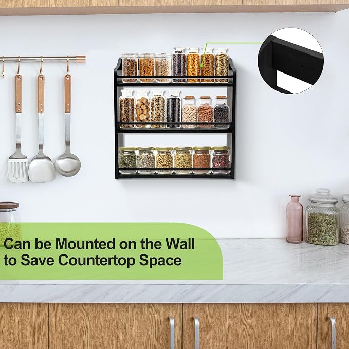 3 Tier Bamboo Spice Rack Wall Mount or Countertop,Spice Organizer | Seasoning Jars Rack Spice Shelf Organizer for Kitchen Counter or Wall Mounting (Black)