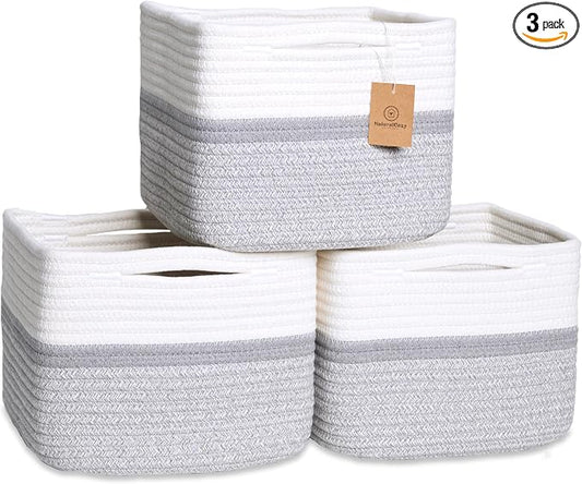 NaturalCozy Storage Cubes 9”x9”x7”Cotton Rope Woven Baskets for Organizing 3-Pack | 9 Inch Cube Storage Bin | Small Basket for Shelf Nursery, Pantry, Decorative Plant, Bathroom Closet, Toy Gift
