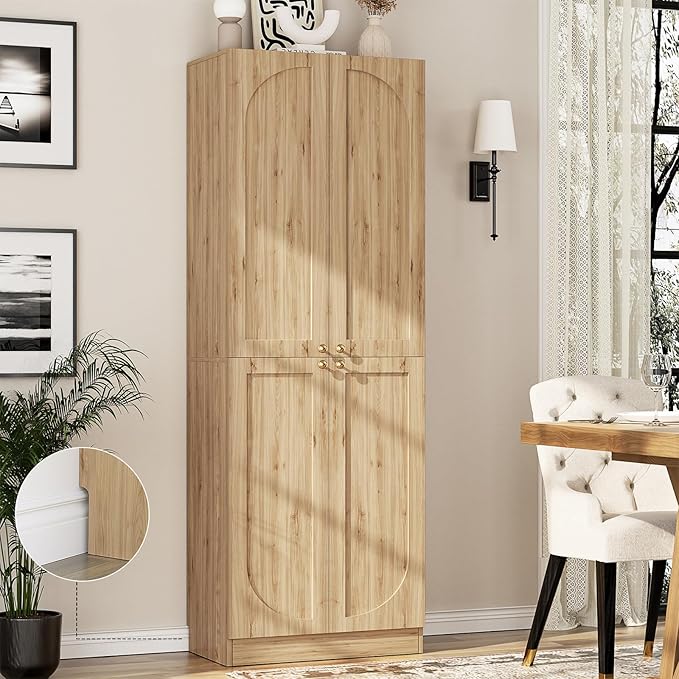 Cyclysio 80" Storage Cabinet, Tall Arched Bookcase with 4 Soft Close Doors, 6-Tier Wooden Pantry with Adjustable Shelves, Seamless Fit Wall for Home Office, Living Room, Kitchen (Natural)