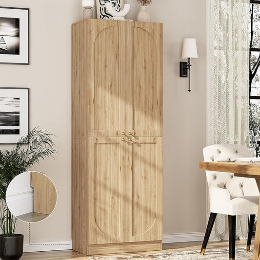 Cyclysio 80" Storage Cabinet, Tall Arched Bookcase with 4 Soft Close Doors, 6-Tier Wooden Pantry with Adjustable Shelves, Seamless Fit Wall for Home Office, Living Room, Kitchen (Natural)