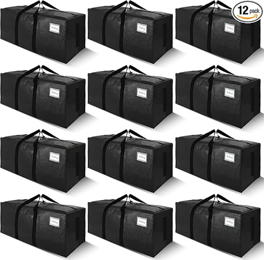 SWEET DOLPHIN 12 Pack 200LB Heavy-Duty Moving Bags with Wrap-Around Handles, Extra Large Storage Totes for Space Saving, Clothes Storage Bags, College Dorm Essentials, Black, 24 Gal