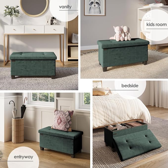 Storage Ottoman Bench with Bins, 30-in Storage Bench for Bedroom End of Bed, Folding Foot Rest Ottoman for Living Room Max 660lbs, Velvet Ottomans, Green