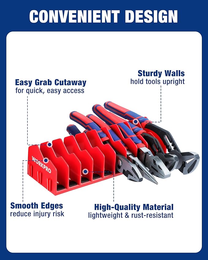 WORKPRO 4-Pack Plier Organizer Rack, 40-Slot Tool Organizer and Storage | Large Capacity Plier Holder, Non-Slip Rubber Base, High-Strength Plastic, Extendable Tool Box Organizer, Pliers Not Included