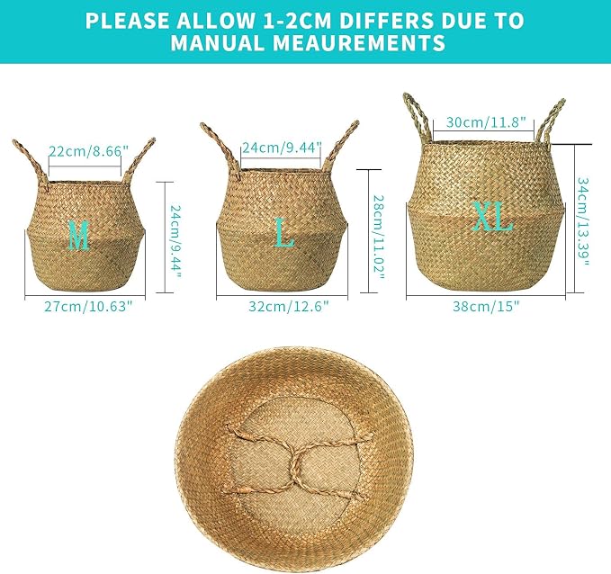 BrilliantJo Seagrass Belly Basket, Set of 2 Woven Plant Pot Holder handmade Home Decor for Storage Plants Picnic Grocery Medium(10.63 x 9.44 inch)