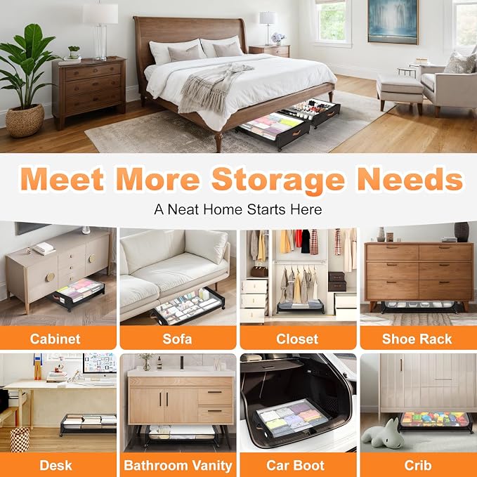 80L Large Under Bed Storage with Wheels, 2-Pack XXL Underbed Shoe Storage | Fit Most Bed, Removable & Locakable Wheels, Sturdy Metal Frame, Clear Lid, Easy Install, for Off-Season Clothes/Blankets