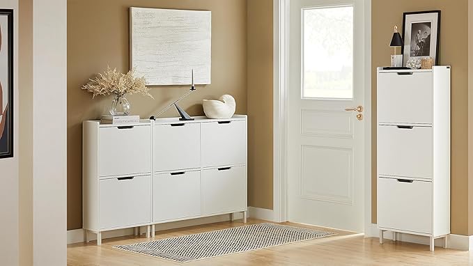 Haotian Slim Shoe Cabinet Entryway | Hidden Shoe Storage with Two Flip Drawers to Save Space, Freestanding Shoe Rack for Front Door, Entryway, Hallway (White)