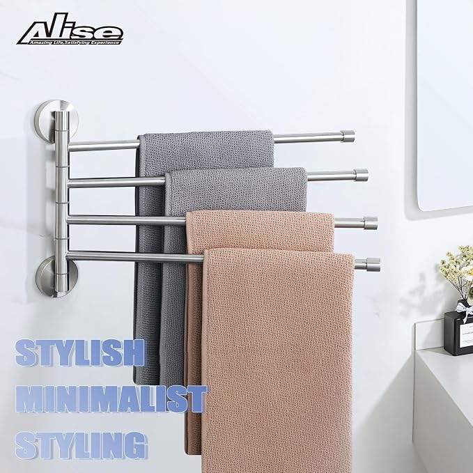 Alise 4 Arm Swivel Towel Rack, Swivel Towel Bar Brushed Nickel, 13.86 Inch | Space Saving Swing Arm Towel Rack for Bathroom Kitchen Outdoor, SUS304 Stainless Steel, 180° Rotating