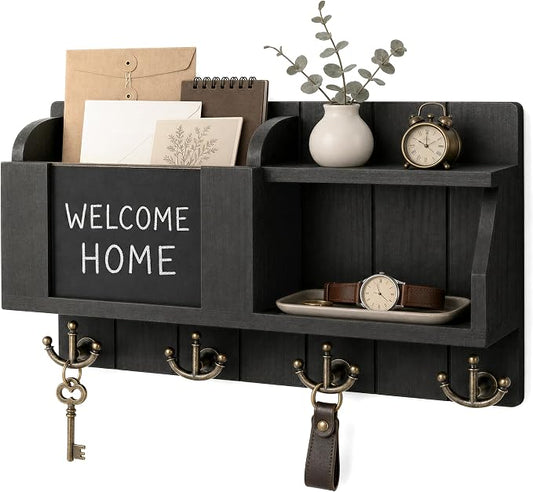 Rebee Vision Key Holder Wall Mount with Chalkboard for Entryway, Black | Key Holder for Wall, 4 Key Hooks, Floating Shelf, Key Hanger, Mail Organizer, Storage for Letters, Notes, Stylish Home Decor