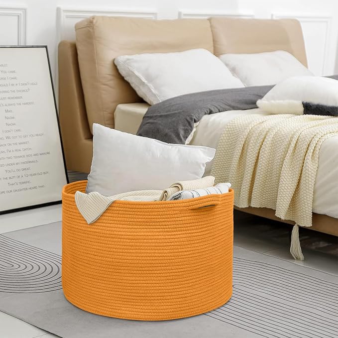 Extra Large Orange Basket, 22" X 22" X 14" Woven Cotton Rope Bins for Blankets, Baby Nursery Wicker Laundry Towel Basket, Kids Dog Toy Storage Box, Big Orange Living Room Decor Organizer