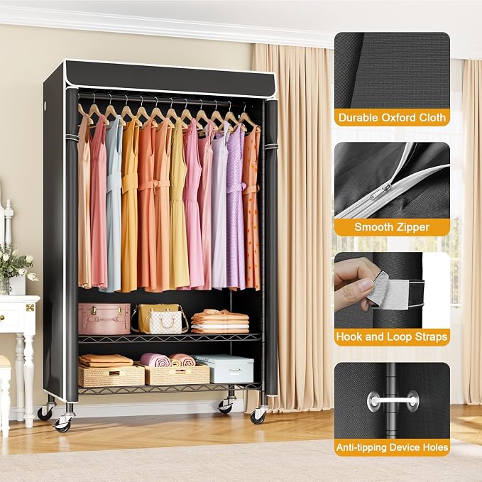 P6C Rolling Clothes Rack with Cover, 3-Tier Covered Clothing Rack | Portable Closets for Hanging Clothes, Heavy Duty Garment Rack on Wheels, Black Closet Rack with Black Cover, Max Load 365LBS