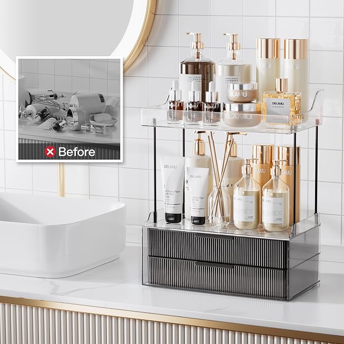 Delamu Bathroom Organizers and Storage, 2 Tier 2 Drawer Makeup Organizer Countertop, Easy to Install, Ideal for Bathroom Counter, Vanity, Large Skincare, Perfume, Present, Desk and More, Black | Elegant Vanity Organizer Gift for Women, Holds Perfume, S...