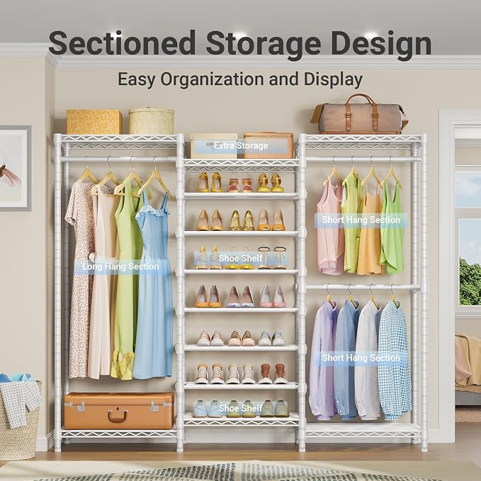 VIPEK S3 Freestanding Clothes Rack with 8-Tier Shoe Shelves, White | Clothing Rack with 12 Metal Shelves & 3 Hanging Rods, Heavy Duty Closet Rack with 1060 lb Capacity, 68.9" x 15.7" x 76.4"