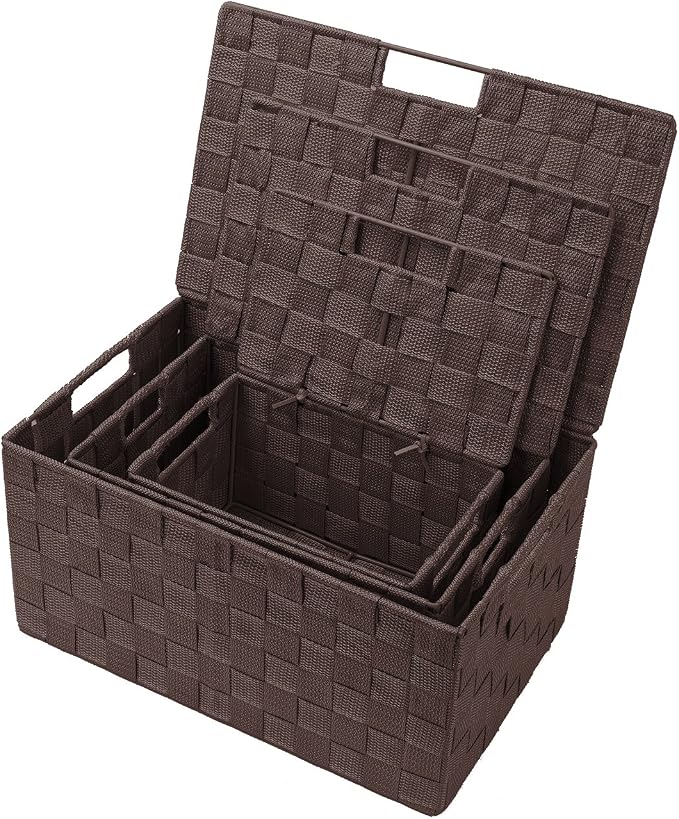 Sorbus Set of 3 Hand-Woven Storage Baskets with Lids – Decorative Wicker Organizers for Home, Closet, or Shelves (Choclate)
