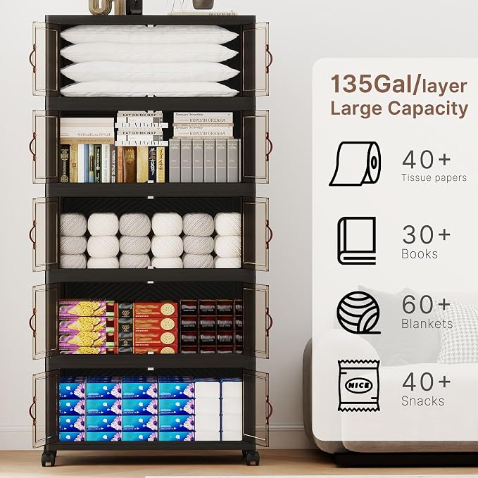 620QT Extra Large Stackable Storage Bins with Lids & Wheels | & Door,Total 155Gal for 5-Tier set Foldable Collapsible Closet Organizers, Plastic containers drawers for bedroom Dorm