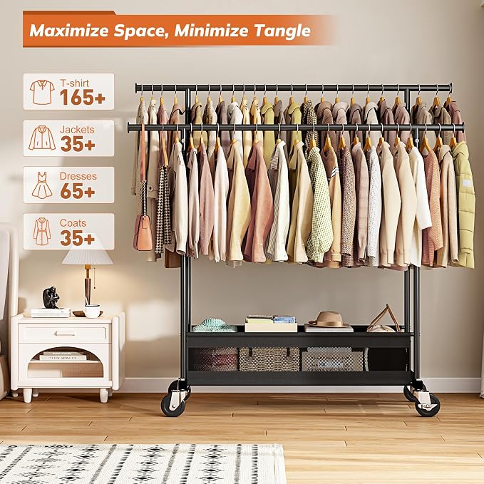 Clothes Rack 210 LBS Double Rods Extra Storage Basket | Rustproof Coated Steel, Anti-bending Design, 360° Sturdy Wheels, 10-Min Tool-Free Assembly, Metal Garment Rack for Home