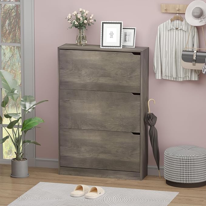 BORNOON Shoe Cabinet with 3 Flip Drawers, Hidden Wood Shoe Cabinet,Freestanding Shoe Storage Cabinet for Entryway Hallway