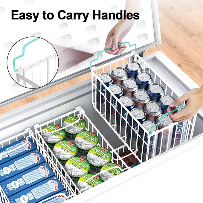 MSERCUOR Freezer Organizer Bins, 4 Pack Stackable Deep Chest Freezer Organizer Bins, Foldable Baskets with Handles, White Storage Container Baskets for 5/ 7 Cu.FT Sort Frezen Meats
