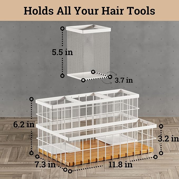 Hair Tool Organizer Countertop, Breathable Metal & Bamboo, Heat-Resistant | No Assembly Required, Removable Baskets, Heat-Resistant Iron, Bamboo Base, Spacious & Breathable Hot Tools Organizer Vanity