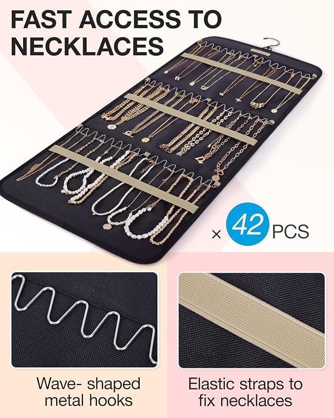 BAGSMART Hanging Jewelry Organizer Necklace/Earring/Ring 2-Sided L Black | Jewelry Holder Organizer Storage with Hanger Metal Hooks Double-Sided Jewelry Holder on Closet, Wall, Door
