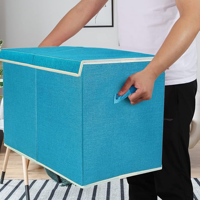 Large Toy Box Chest Storage with Flip-Top Lid, Kids Toy Storage Bin Boxes | Toy Chest with Rivets Handles for Kids, Boys, Girls, Nursery, Playroom, Living Room, Bedroom, 25"x 13" x 16" (Linen Teal)