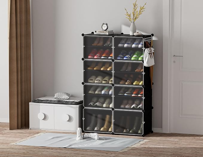HOMIDEC Shoe Rack Organizer 32 Pair Modular Shoe Storage Cabinet for Closet | PP Plastic, Sturdy Steel Frame, Waterproof, Dustproof, Easy Clean, Shoe Shelves for Closet Garage Hallway Bedroom Entryway