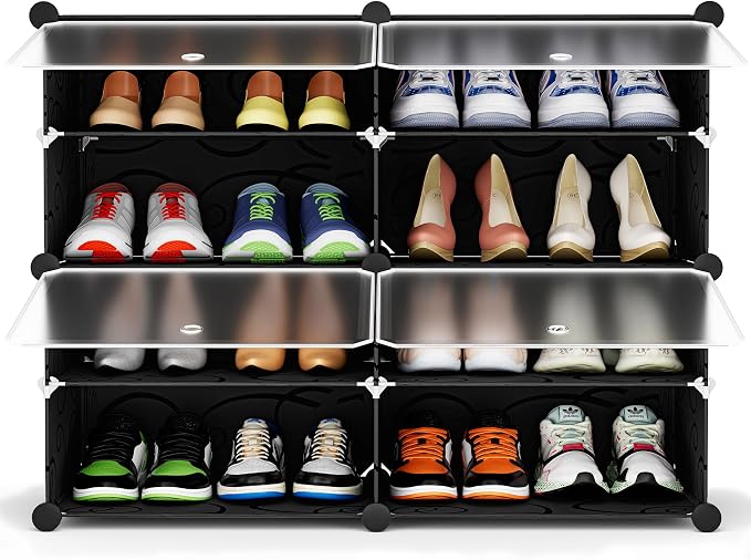 HOMIDEC Shoe Rack Organizer 16 Pair Modular Shoe Storage Cabinet for Closet | PP Plastic, Sturdy Steel Frame, Waterproof, Dustproof, Easy Clean, Shoe Shelves for Closet Garage Hallway Bedroom Entryway