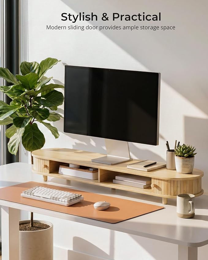 Bamboo Dual Monitor Stand with Storage, 42 Inch Desk Shelf Riser | Curved Double Computer Laptop Stand Desk Shelf Organizer with Sliding Doors for 55-72 Inch Desk