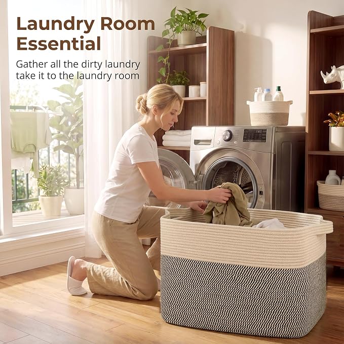 OIASKET 108L Cotton Rope Storage Basket for Living Room and Bedroom 25"x16"x16" Woven Laundry Basket, Heavy Duty Bin for Blankets, Pillows & Toys, Pet-Safe & Scratch-Free, Brown and Black