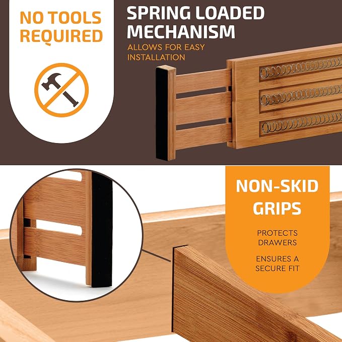 Bamboo Drawer Divider 4 Inch Deep, Fits 11.5-17 Inch, Adjustable Organizer
