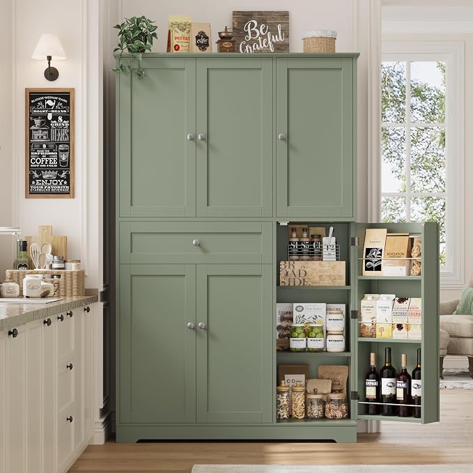 HOSTACK 68" Tall Kitchen Pantry Storage Cabinet with Doors & Shelves, Green | Large Pantry Cabinet with Door Rack, Freestanding Kitchen Storage Cabinet with Drawer, Food Pantry for Dining Living room
