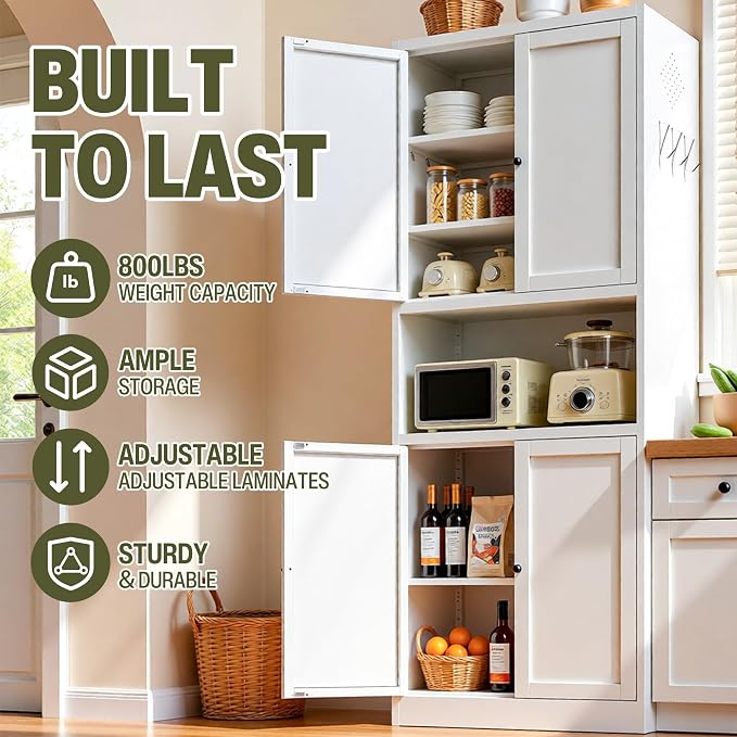AQY Kitchen Pantry Cabinet,72" White Pantry Cabinet 3-Tier Adjustable Shelves 4 Doors, Freestanding Cupboard with Microwave Stand, Metal Cabinet with Handle for Living Room Kitchen Assembly Required