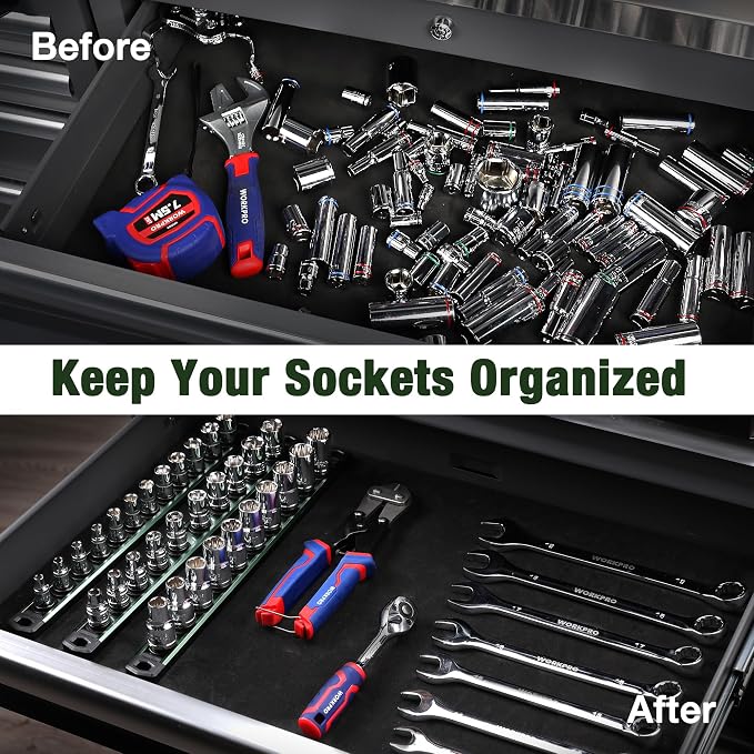 WORKPRO Magnetic Socket Organizer, Heavy Duty 3/8-Inch Drive Socket Rail | 1 Piece Socket Holder with 10 Spots, Aluminum Alloy, Rotatable & Movable Clips, Efficient Organization