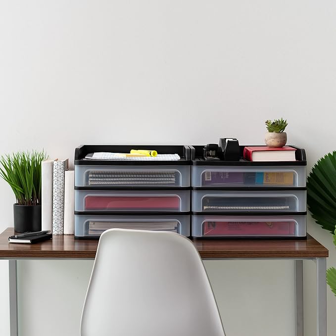 IRIS USA 3-Drawer Medium Desktop Organizer with Paper Tray, Black