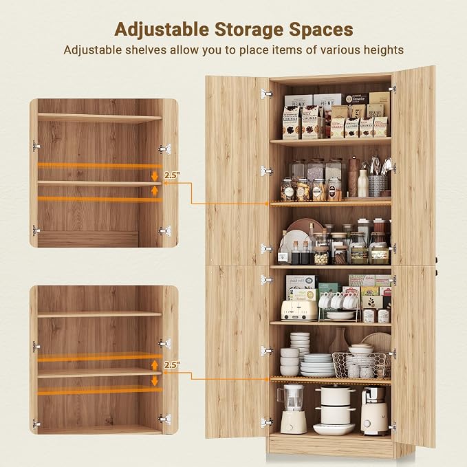 Cyclysio Storage Cabinet Set of 2, 80" Tall Arched Bookcase with 4 Soft Close Doors, 12-Tier Wooden 2 Set Pantry with Adjustable Shelves, Seamless Fit Wall for Home Office, Living Room, Kitchen