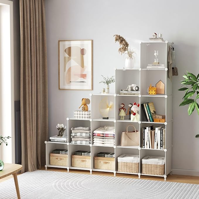 AWTATOS Cube Storage Organizer, 16 Cube Closet Organizer, White | Stackable Storage Cube Shelves, DIY Portable Closet Clothes Organizer, Plastic Shelving for Bedroom, Wardrobe, Bathroom