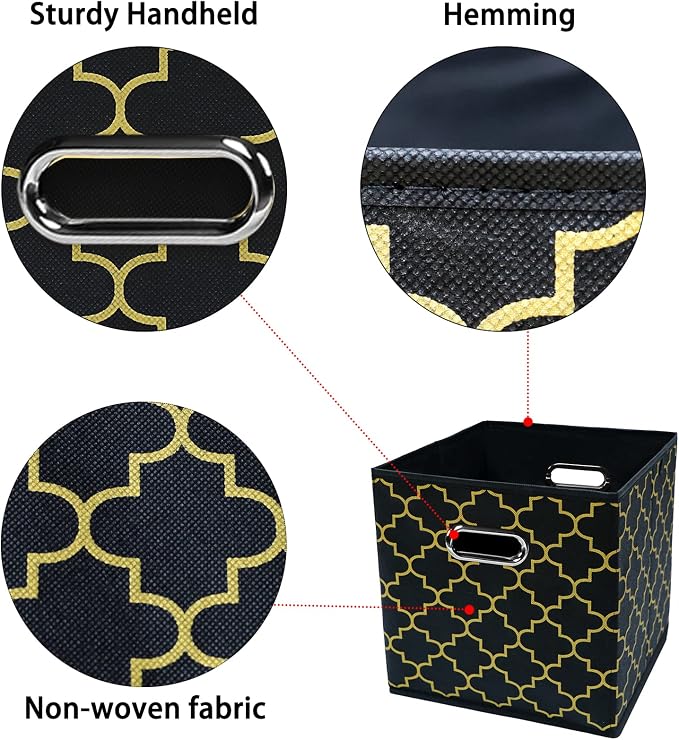 Black Foldable Storage Cubes Bins , Fabric Storage Box Cubes Organizer Baskets with Dual Handles for Home Organizer Black Gold