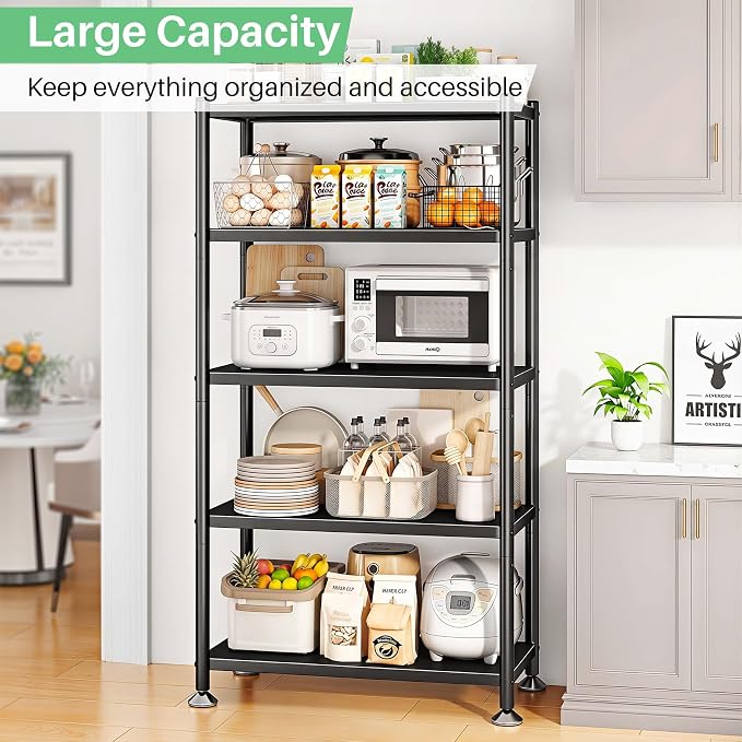 5 Tier Adjustable Storage Shelves, Heavy Duty Metal Storage Rack with Wheels, Shelving Units Utility Shelf for Kitchen, Pantry, Bathroom, Garage, Office Organization and Storage, Black, 13"x24"x59.7"