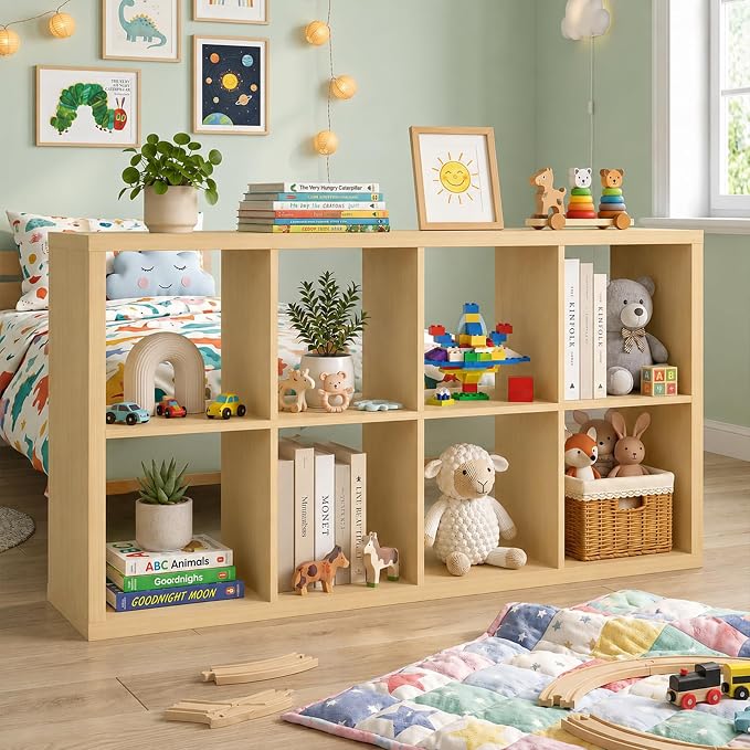 CTESNE【Wooden Thick Frame 8 Cube Storage Organizer Shelf with Anti-Tipping Kits + Reversible Open Back Bookcase, Horizontal and Vertical Dual-use Standing Bookshelf（Oak,13inch）