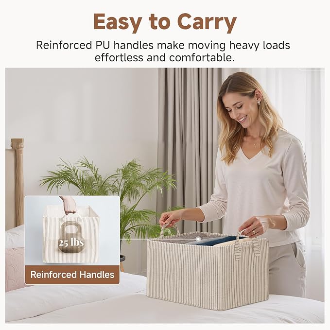 StorageWorks Storage Bins, Fabric Storage Bins for Shelves, Storage Baskets with Metal Frame, Closet Baskets and Bins with Handles, Khaki and Beige Stripes, 2-Pack