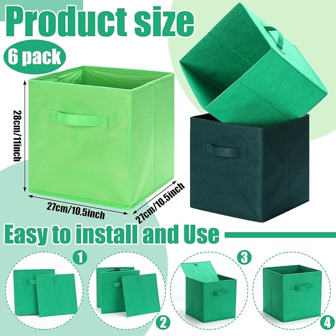 Karenhi 11" x 10. 5" x 10. 5" Green Storage Cube, 6 Pack Fabric Cube Storage Bins Organizer Box, Collapsible Baskets with Handles Foldable Shelf for Cloth Toys Home Room Closet, Pack of 6
