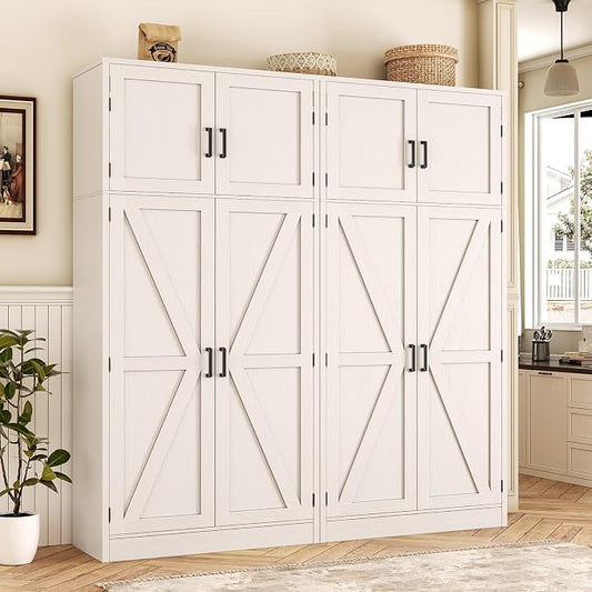 Unikito 71” Tall Kitchen Pantry Cabinet with Adjustable Shelves, 2 Pack | Large Farmhouse Storage Cabinets, Barn Doors, Sturdy and Deep, Versatile for Dinning Room, Living Room, Office, White