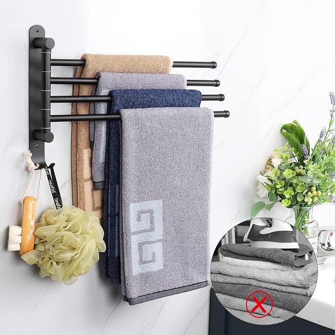 NearMoon Swivel Towel Rack, 13.8" Thicken 304 Stainless Steel 4-Arm Towel Bar, Space Saving Wall Mounted Towel Holder with Hook, Rustproof Swing Out Towel Hanger for Bathroom, Kitchen (Matte Black)