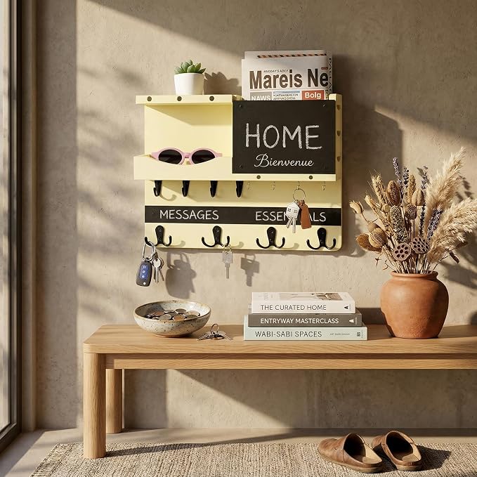 Key Holder for Wall Mount with Shelf and Mail Organizer, Key and Mail Holder with 16 Hooks, Farmhouse Entryway Organizer, Home Decor Rack(Pine Wood,Ivory Yellow)