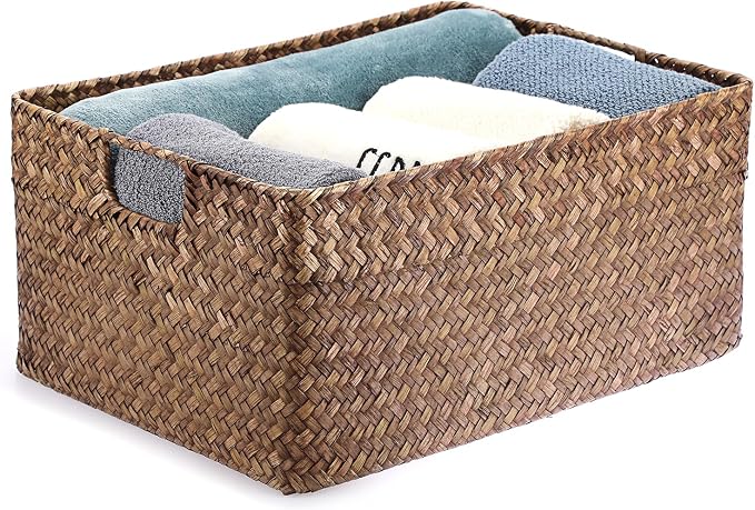 Hipiwe Seagrass Storage Baskets Bin for Shelf, X-Large Woven Wicker Basket | Rectangular Bathroom Baskets Organizer Built-in Handles, Multipurpose Storage Basket Bin, 16.1"L x11.8"W x7.7"H