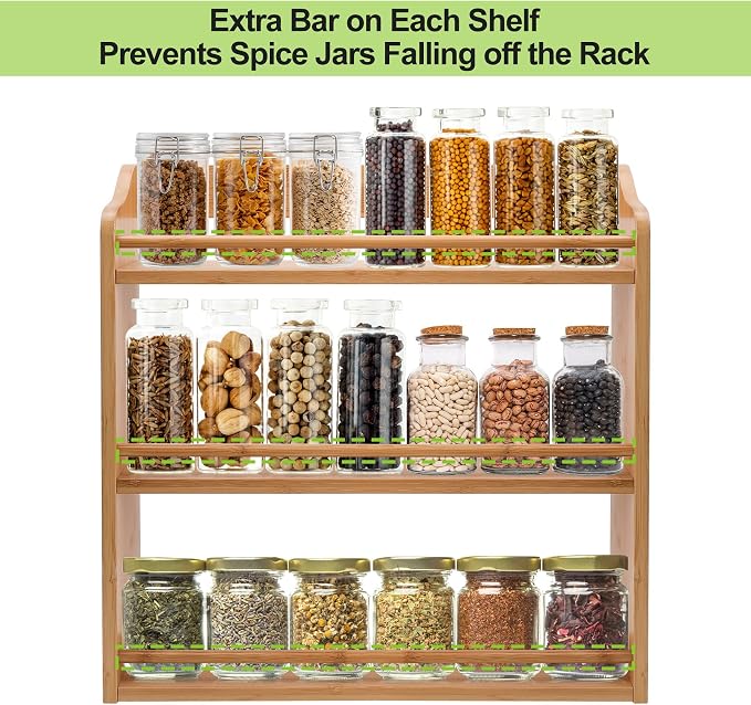 3 Tier Bamboo Spice Rack Wall Mount or Countertop,Spice Organizer | Seasoning Jars Rack Spice Shelf Organizer for Kitchen Counter or Wall Mounting