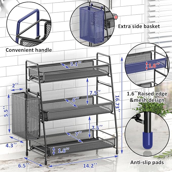 EKNITEY Bathroom Countertop Organizer Shelf - 3 Tier Counter Spice Rack | Metal, Removable Basket, Non-Slip Base, Makeup Rack, Small Coffee Station Organizer, for Sink Bedroom Kitchen Living room