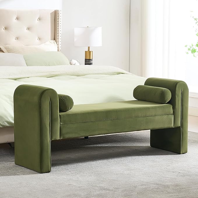 Modern Velvet Bench for Bedroom End of Bed, 60.5" Upholstered Rolled Armed Button Tufted Stool Bench with Storage, Sofa Ottoman Long Bench with 2 Pillows for Entryway/Bedroom, Green