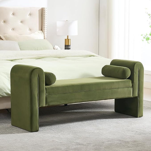 Modern Velvet Bench for Bedroom End of Bed, 60.5" Upholstered Rolled Armed Button Tufted Stool Bench with Storage, Sofa Ottoman Long Bench with 2 Pillows for Entryway/Bedroom, Green